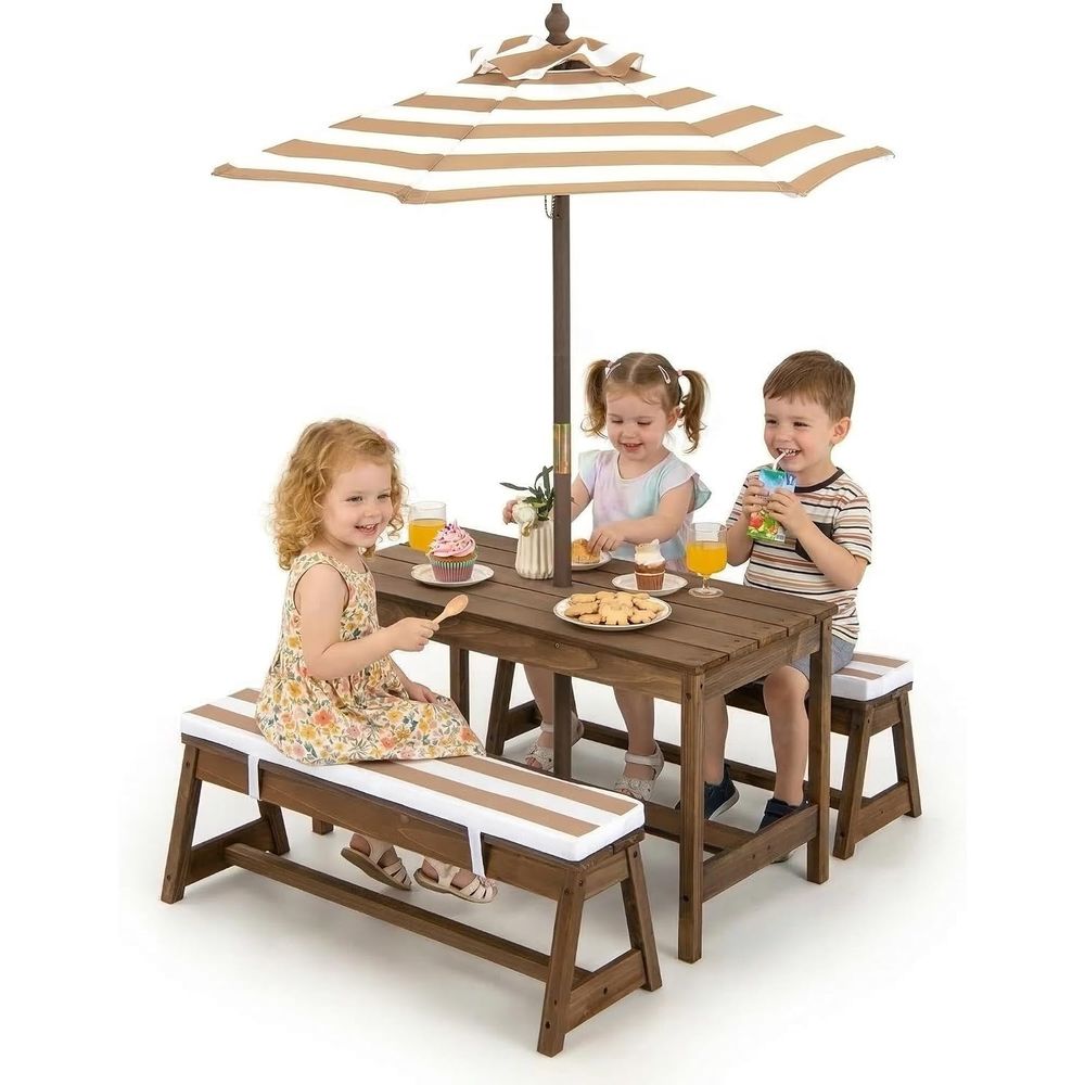 Kids Outdoor Table And Chairs With Umbrella - Kinder-Picknicktisch, Holztisch- und Stuhlset für Kleinkinder