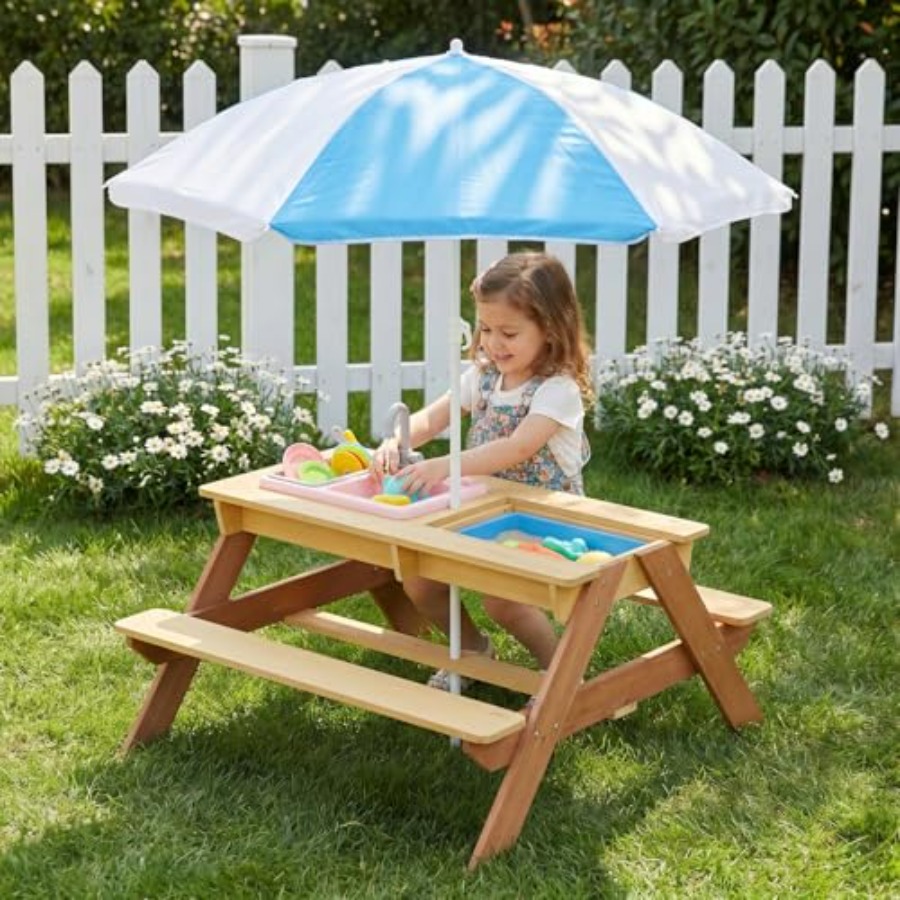 Kids Outdoor Table With Umbrella - Outdoor-Kinder-Picknicktisch mit Sonnenschirm, Holztisch für Sand