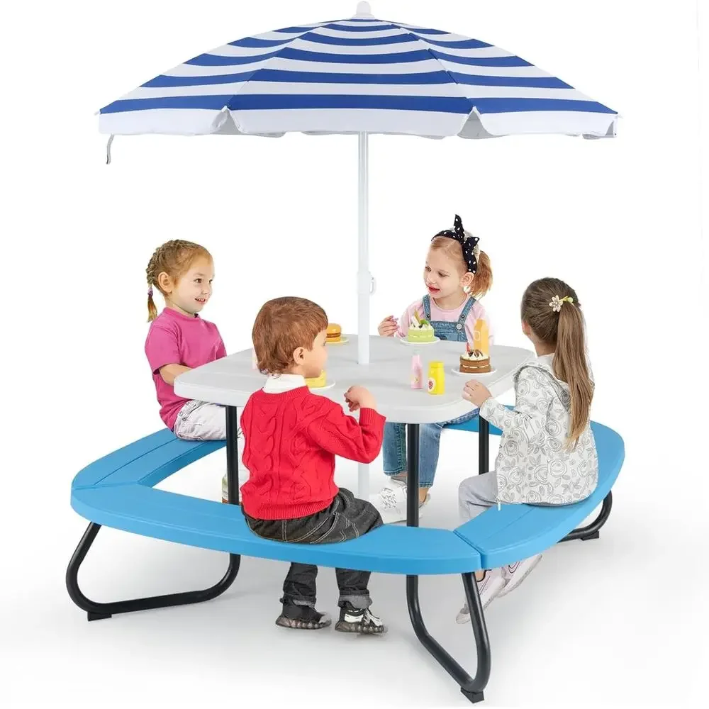 Kids Outdoor Table With Umbrella - 8-Personen Kinder-Picknicktisch mit Sonnenschirm, Kleinkind-Aktivitätstisch, 4