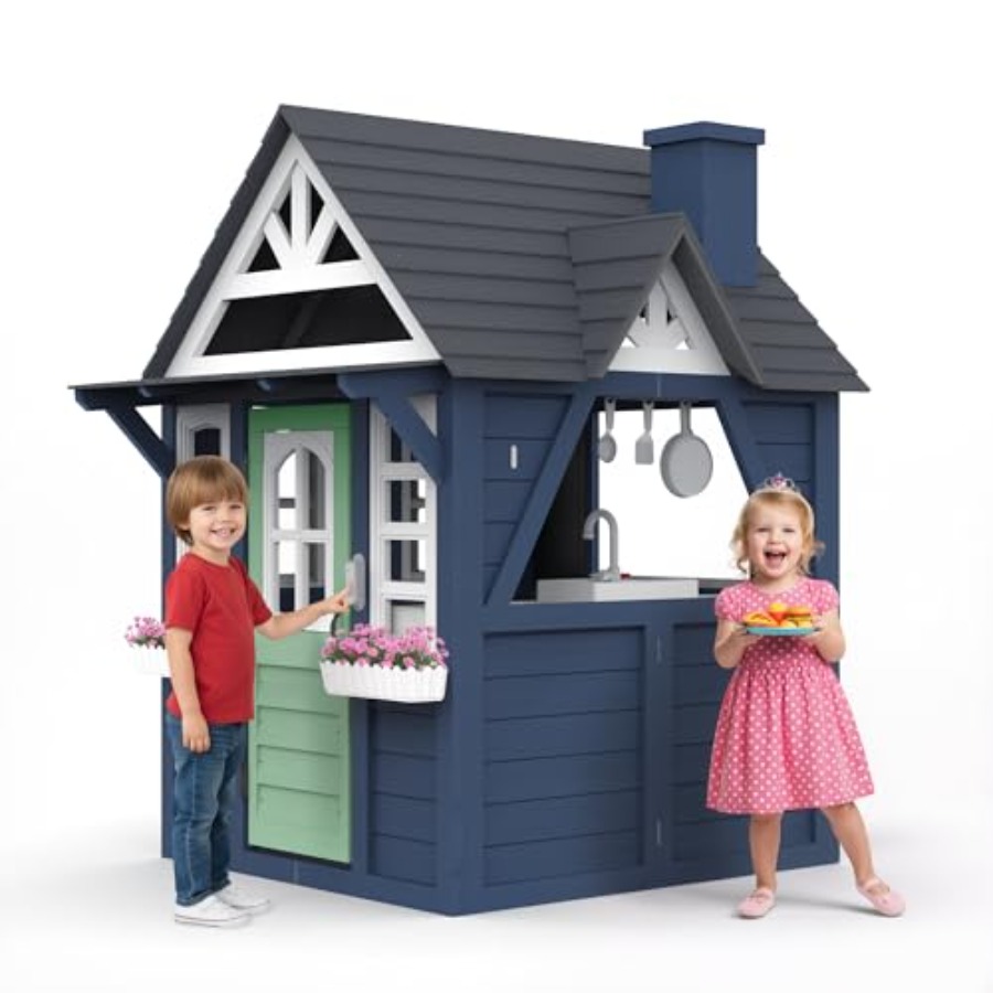 Kids Outdoor Wooden Playhouse - Outdoor-Spielhaus für Kinder: aus Holz, blau,