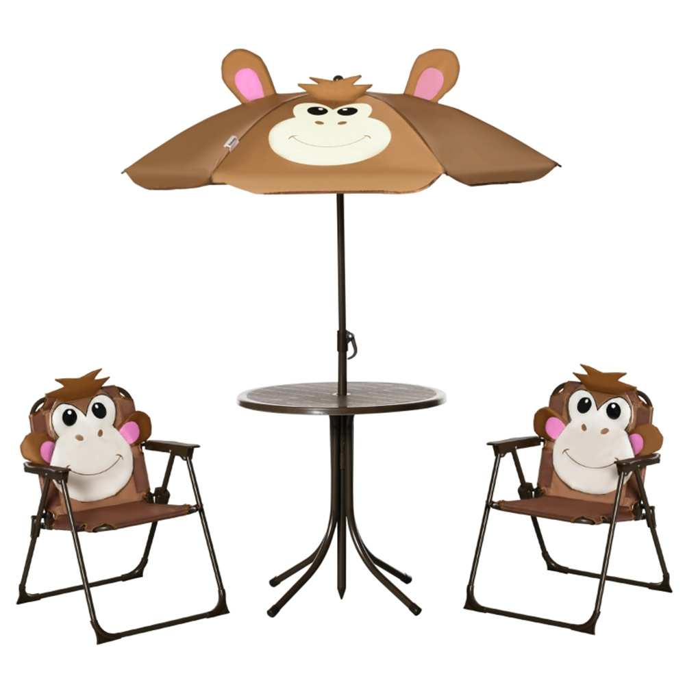 Kids Outdoor Table And Chairs With Umbrella - Niedliches Affen-Kinder-Terrassen-Tisch-und-Stuhl-Set mit abnehmbarem Cartoon-Sonnenschirm, faltbare