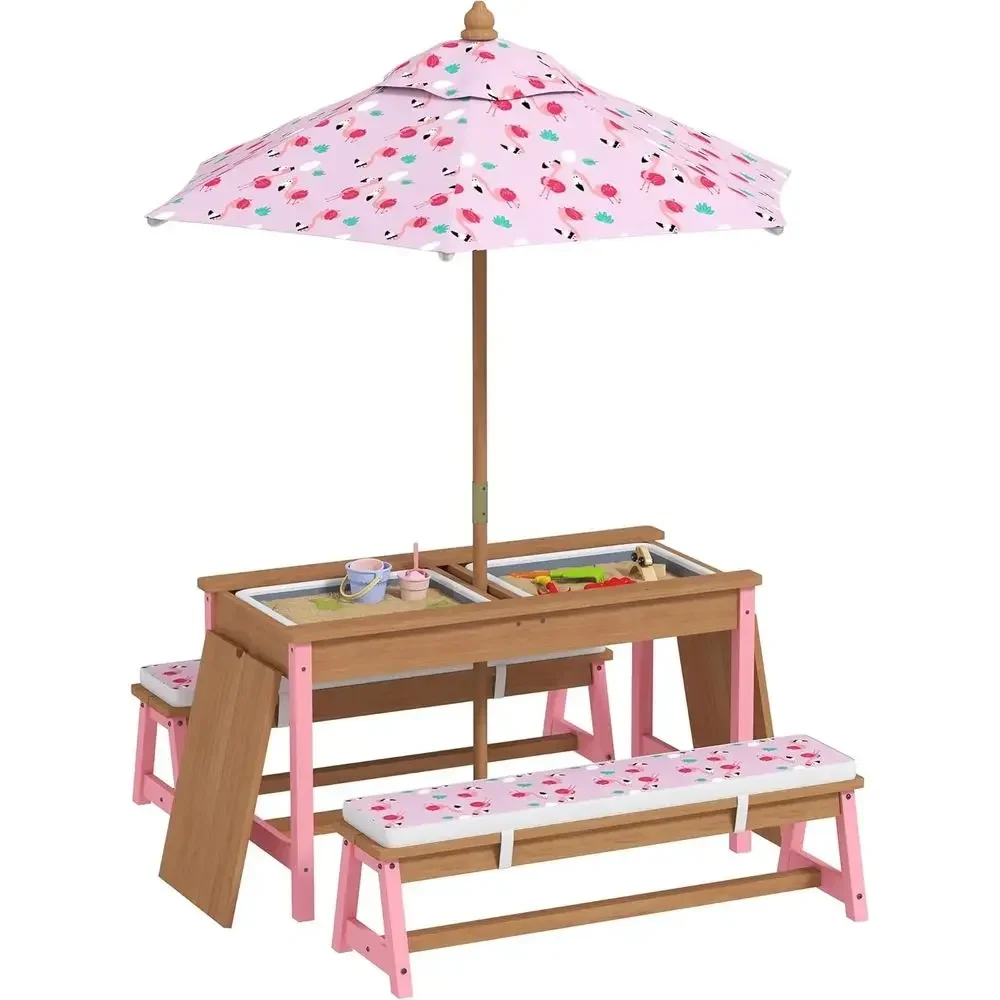 Kids Outdoor Table With Umbrella - Holz-Picknicktisch-Set mit Sonnenschirm, Kissen und Aufbewahrungsboxen,