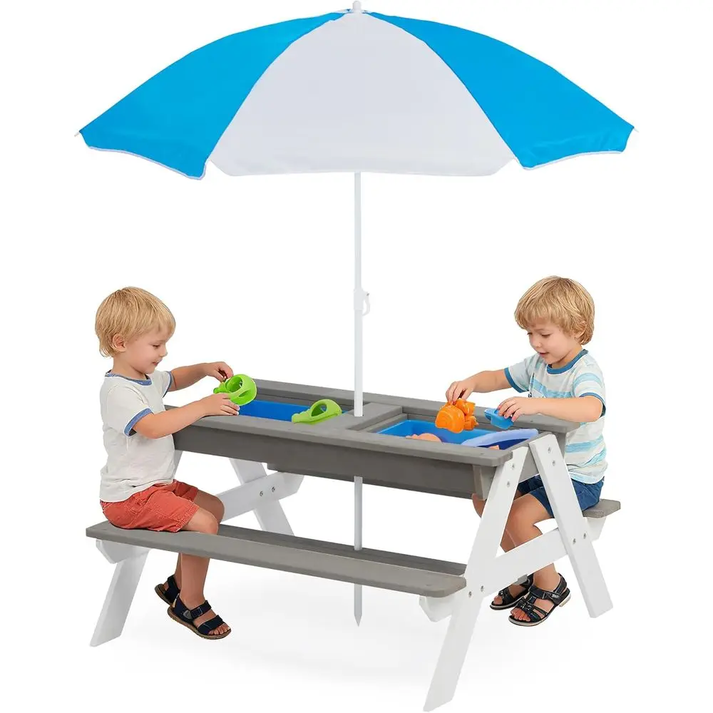 Kids Outdoor Table With Umbrella - Konvertierbarer 3-in-1 Holz-Picknicktisch für Kinder, Outdoor-Sand-