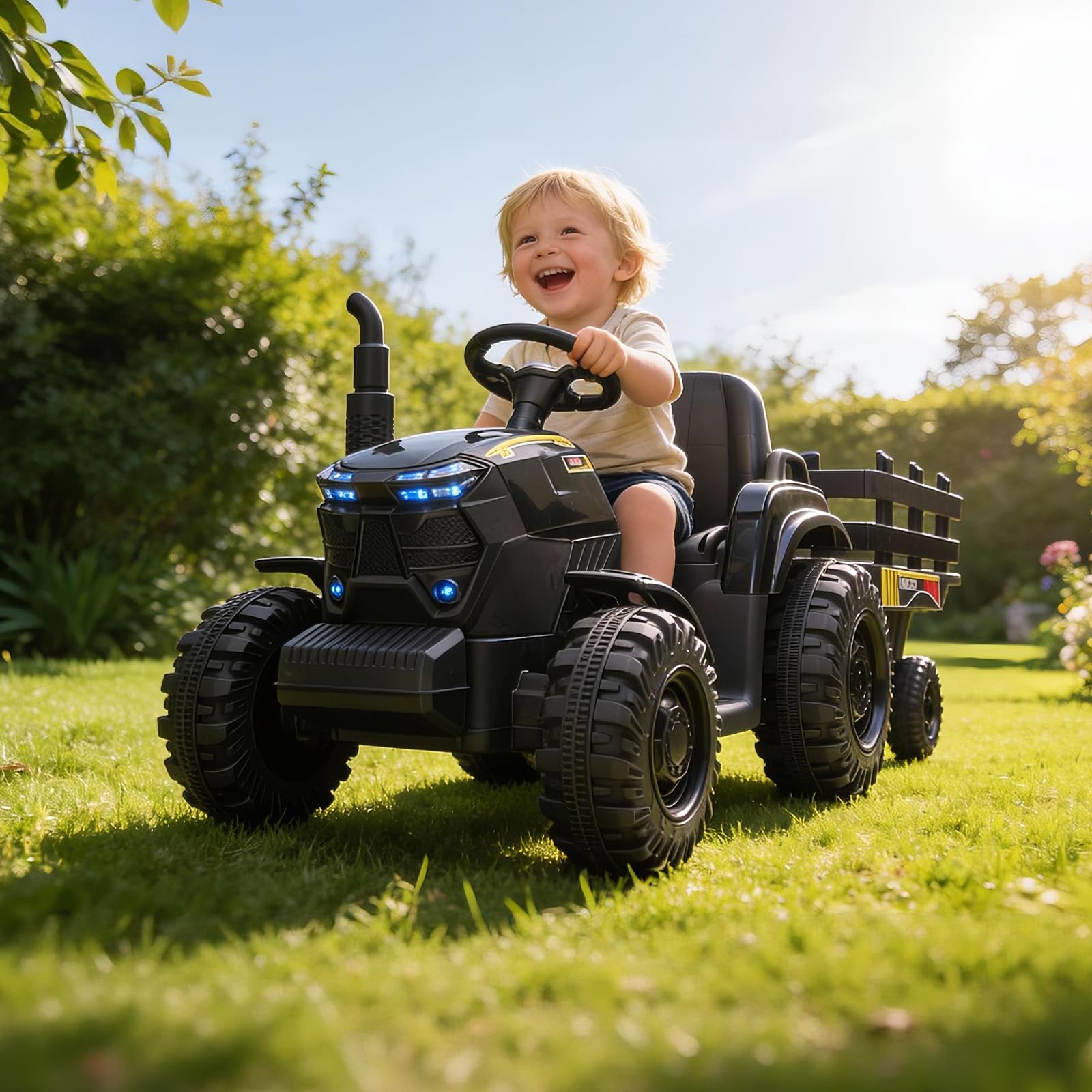Kids Outdoor Ride On - 12V Kinder-Traktor mit Anhänger, Doppel-35W-Motoren, 3-Gang