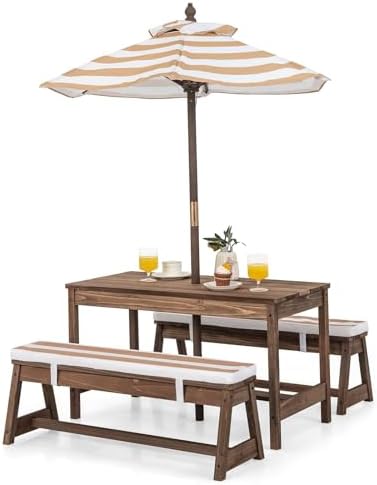 Kids Outdoor Table With Umbrella - Kinder-Picknicktisch, Outdoor-Holztisch & Bank-Set mit abnehmbaren
