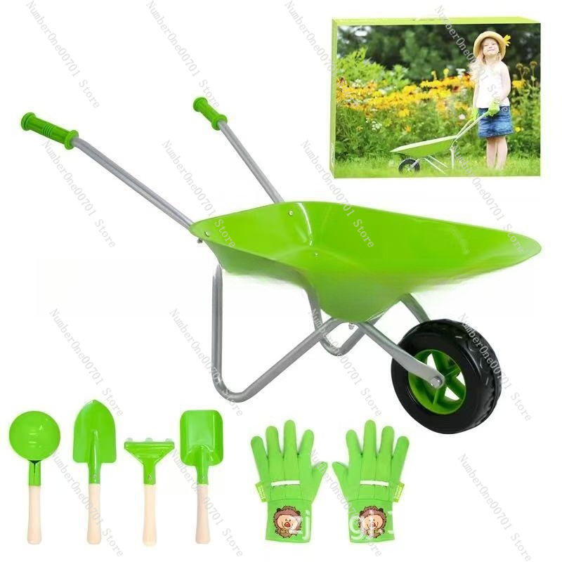 Play Kids Outdoor - Kinder-Schubkarre für Draußen, Grünes Garten-Spielset für