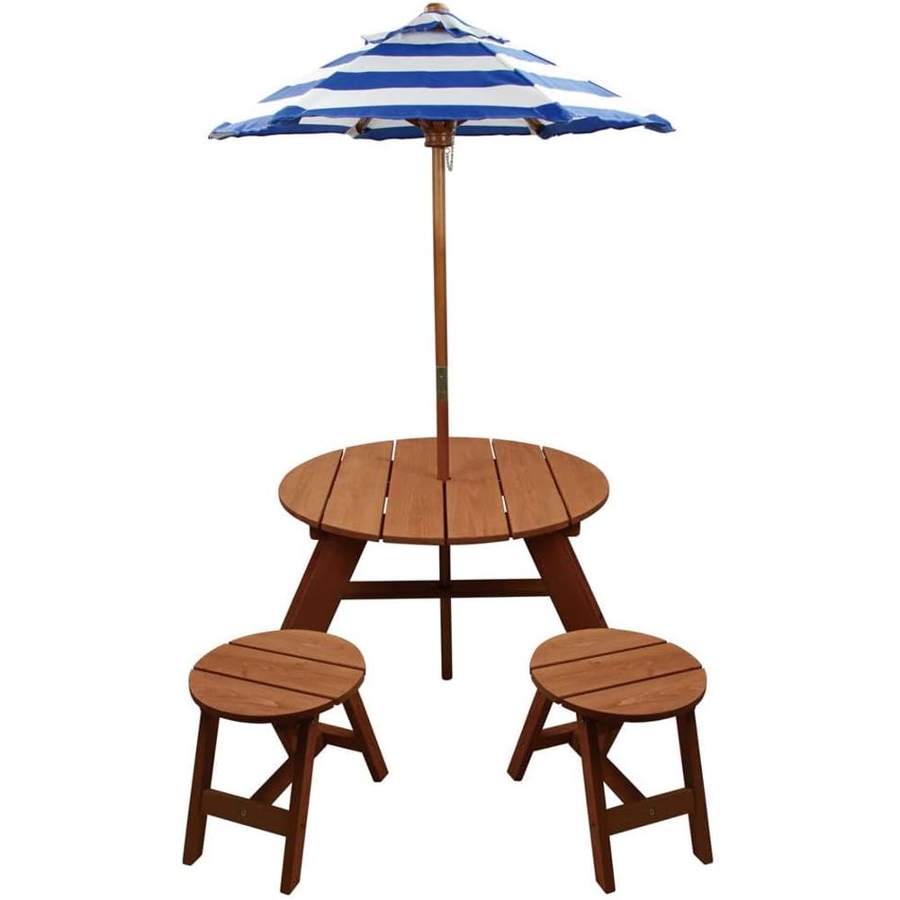 Kids Outdoor Table And Chairs With Umbrella - Robustes rundes Holztisch-Set mit 2 Stühlen