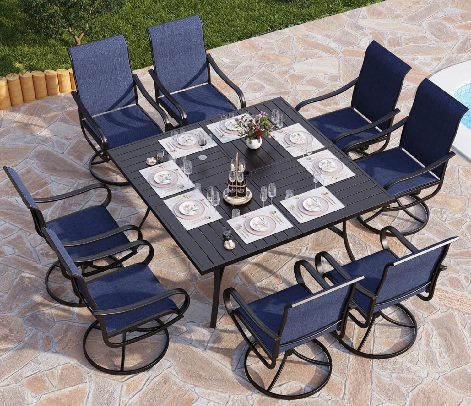 Kids Outdoor Table And Chairs With Umbrella - 9-teiliges Outdoor-Essgruppen-Set mit Tisch, Stühlen und