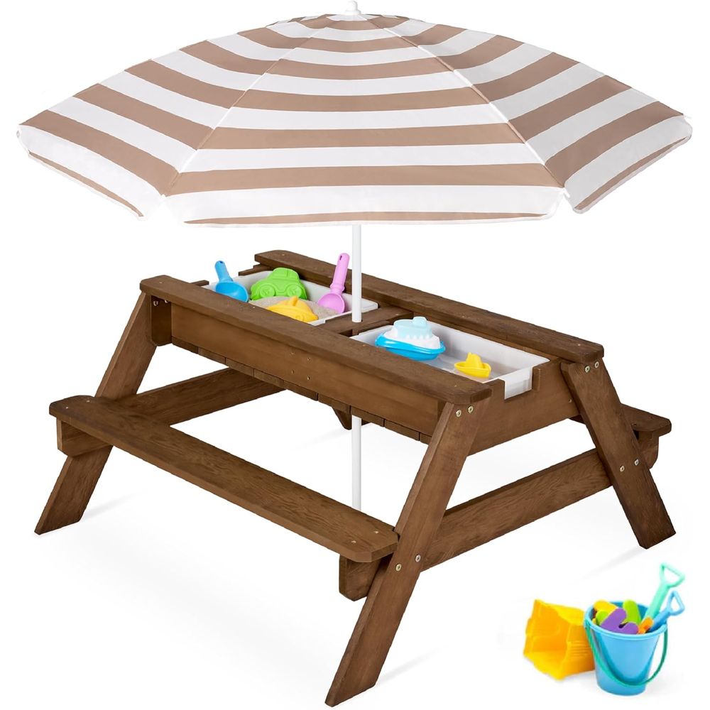 Kids Outdoor Table With Umbrella - Kinder-Picknicktisch mit Sonnenschirm, 3-in-1 Sand- &