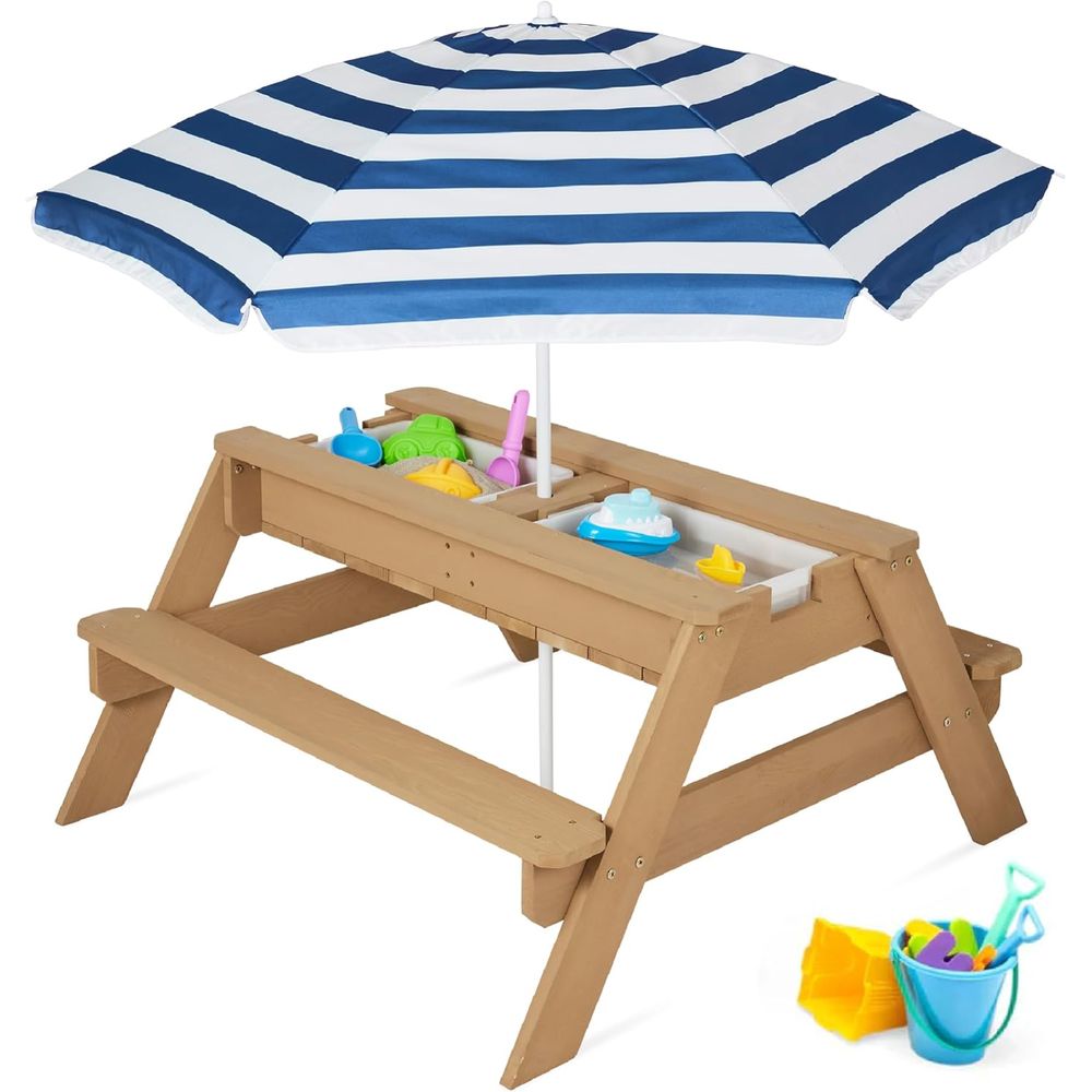 Kids Outdoor Table With Umbrella - Kinder-Picknicktisch mit Sonnenschirm, 3-in-1 Sand- &