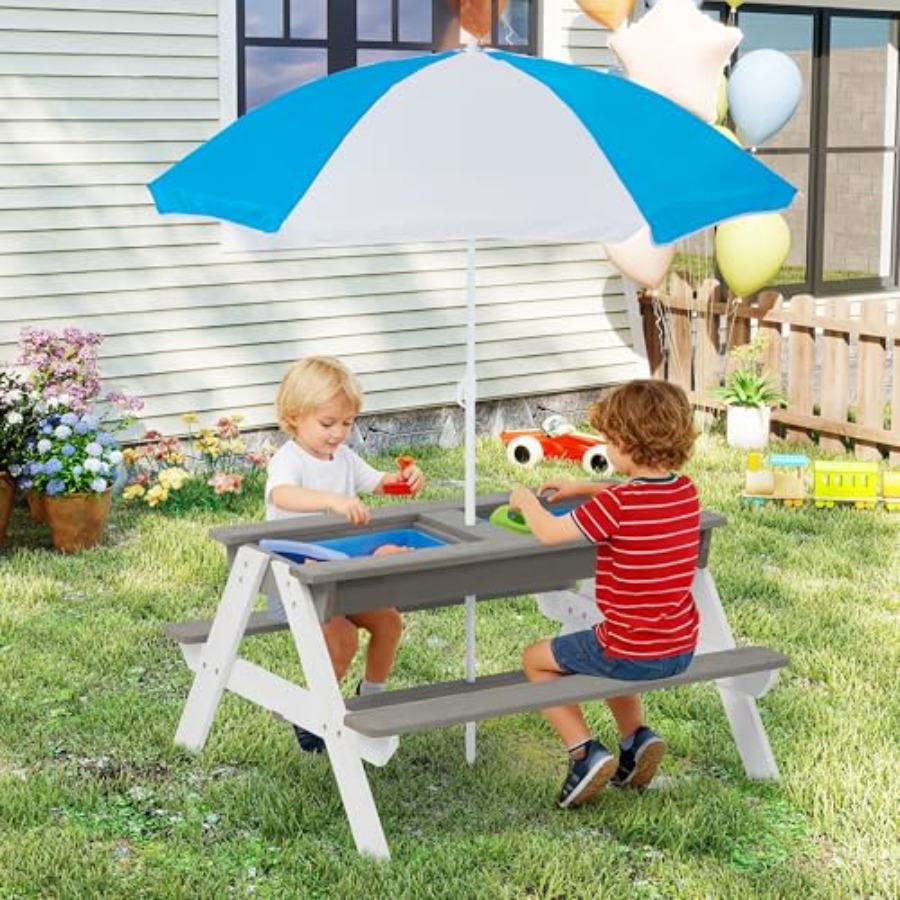 Kids Outdoor Table With Umbrella - Outdoor-Picknicktisch für Kinder: 3-in-1 Holztisch für